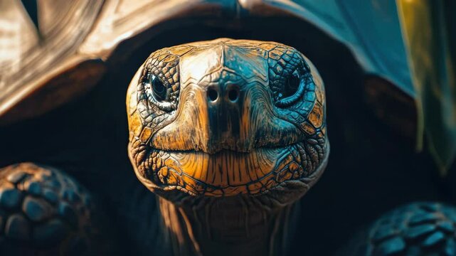 A turtle with a yellow face. The turtle is looking at the camera. The turtle has a brown shell