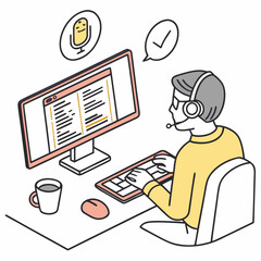 Person wearing headset typing on keyboard near computer and coffee cup vector