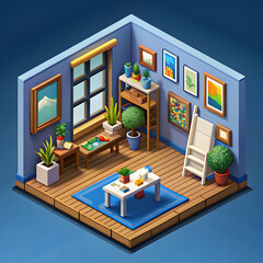 Isometric pixel art studio with blue building and supplies
