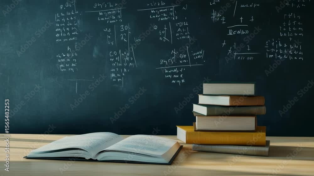 Poster open book lies on a wooden desk, with a stack of closed books beside it, in front of a blackboard fi
