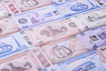 UAE money, dirham, paper banknotes, cash. Emirates money