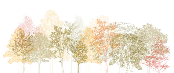 Architectural Drawings, Minimal style cad tree autumn line drawing, Side view, set of section wetland forest outline for landscape design drawing. Vector illustration in separate element