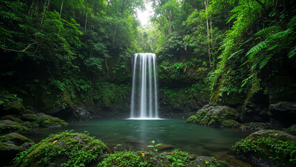 secret waterfall in remote jungle, untouched nature