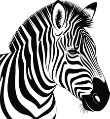 Detailed Black and White silhouette Zebra Head Vector Illustration with Striped Pattern