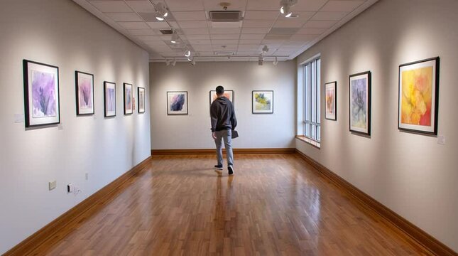 A patron walks in the hall of an art gallery