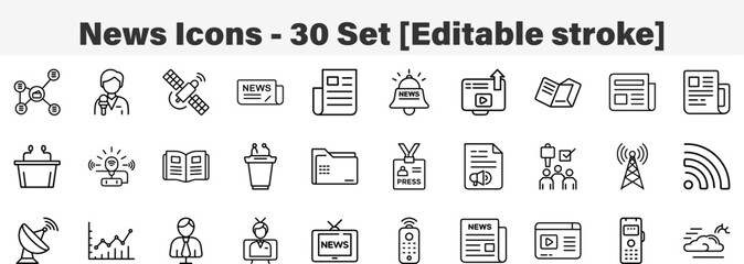 News Icons 30 Set. Line Art Icon Collection. Editable Stroke. Vector Illustration