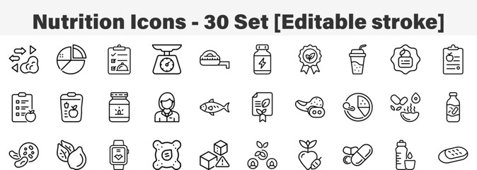 Nutrition Icons 30 Set. Line Art Icon Collection. Editable Stroke. Vector Illustration