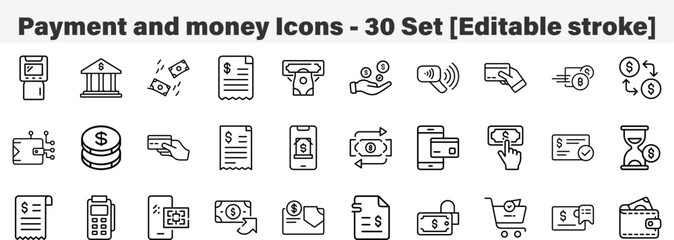 Payment and money Icons 30 Set. Line Art Icon Collection. Editable Stroke. Vector Illustration
