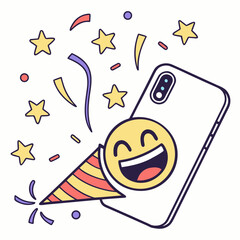 Happy emoji bursting from party popper with stars and confetti laughing celebration