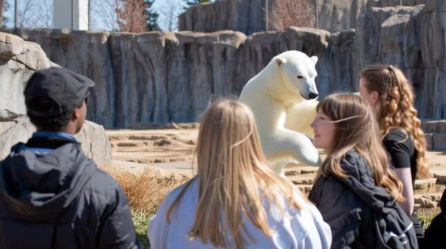 School field trip day with young students visiting the zoo to watch a polar bear dance