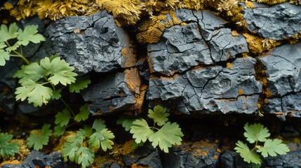 A detailed close-up of textured stone, showing natural cracks, rough edges, and patches of moss