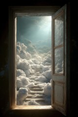 Beautiful doorway opens to a staircase leading among fluffy clouds under bright light