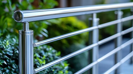 Sleek stainless steel railing with rounded posts, set against a blurred backdrop of greenery