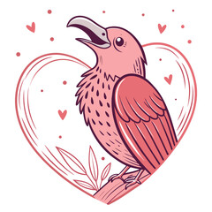 Pink bird singing on branch with heart outline and dots vector