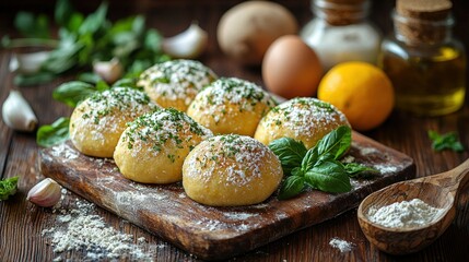 Small, light yellow, round buns dusted with herbs and flour, arranged on a wooden cutting board, surrounded by baking ingredients