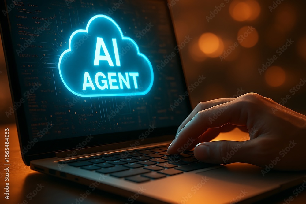 Poster close up of a person s hand typing on a laptop keyboard with a glowing ai agent cloud symbol display