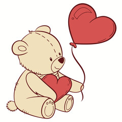 Cute teddy bear holding heart balloon cartoon