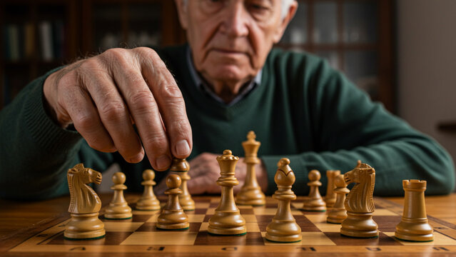 grandpa's hands playing chess, strategic thinking game - Powered by Adobe