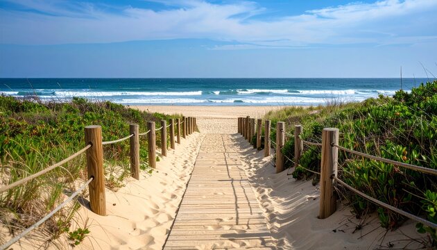Wooden path leading to the beach with rope fence and green vegetation sides