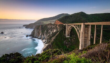 Bixby creek bridge along california coast with ocean and mountain view