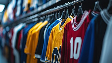 Sports apparel on metal racks in a store