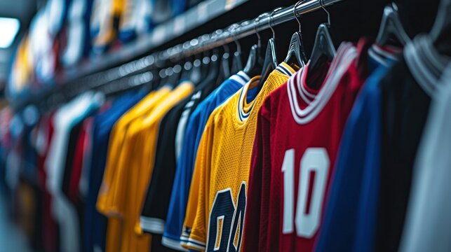 Sports apparel on metal racks in a store