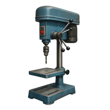 Engineering machinery and industry Transparent Background. Blue Industrial Drill Press for Precision Metalworking and Woodworking in Workshop or Factory Setting. PNG die-cut for advertising.