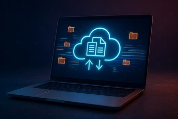 Modern laptop displaying a glowing blue cloud icon with file transfer arrows and surrounding folder icons representing digital data storage and cloud computing services