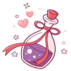 Pink ribbon tied around potion bottle with purple liquid and hearts vector