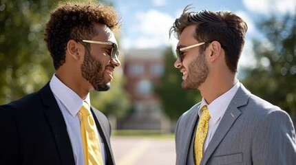 Two modern fraternity brothers pose to commemorate their frat house and brotherhood