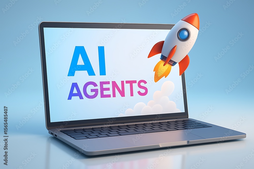 Poster cartoon rocket launching from a laptop screen displaying the words ai agents with clouds in the back