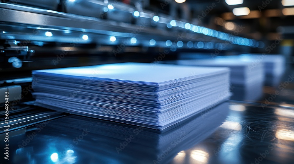Poster stacks of paper moving through a high-tech printing machine. focused on the paper stacks and machine