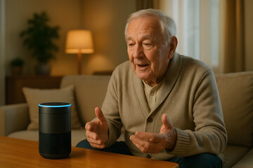 Elderly Man Interacting With Smart Speaker