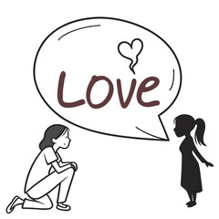 Two women sharing love with speech bubble heart romance