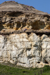 Layered sandstone and chalk cliff formation with wild vegetation and purple flowers under a clear blue sky. Natural geological strata exposed in coastal landscape.