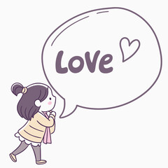 Girl with speech bubble saying love and heart cute