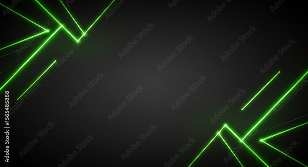 Poster a modern, abstract background with bright green neon laser lines creating a geometric frame in the c