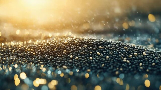 A collection of shiny coffee beans close-up, with sunlight creating a reflective pattern on their surfaces.