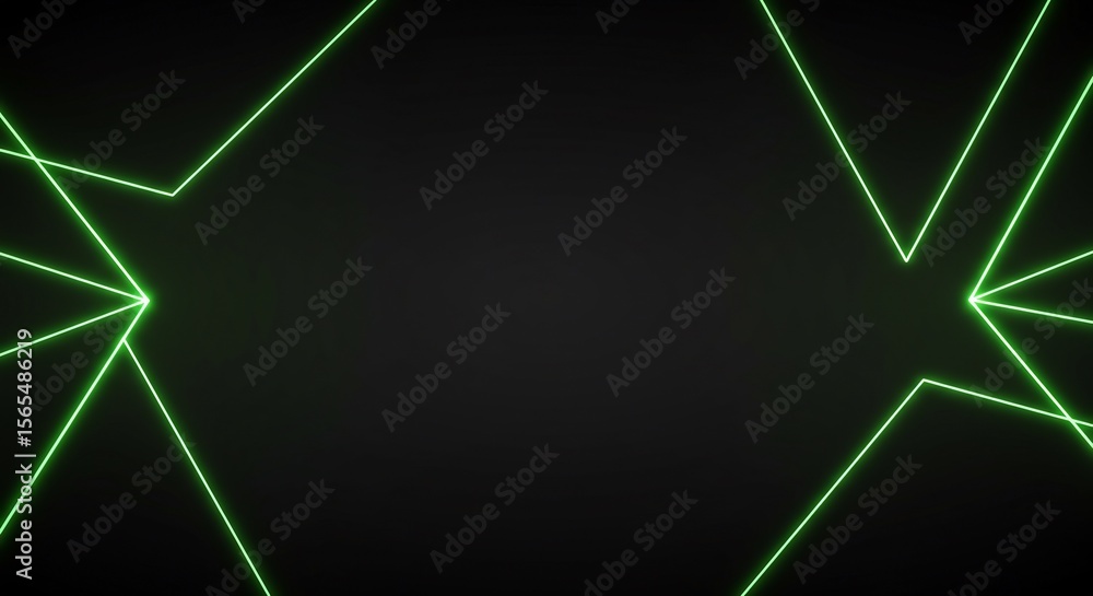 Poster an abstract futuristic background with vibrant green neon laser lines creating sharp, star-like shap