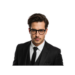 Confident Young Businessman in Black Suit and Glasses