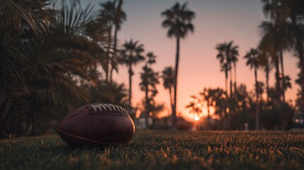 A football resting on grass with palm trees in the background during sunset. .