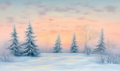 Fototapeta premium A serene winter landscape with snow-covered trees, a pastel sky, and soft pink sunset hues