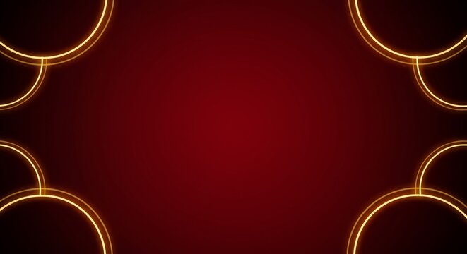 An elegant abstract background featuring glowing golden neon circles framing the corners. The rich, dark red center provides ample copy space for luxury, festive, or cultural events.