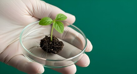 Hands in Gloves Holding Petri Dish with Green Plant Seedling - Lab Research Concept