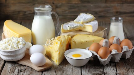 Fresh dairy products displayed on a rustic wooden table, highlighting natural and wholesome ingredients.