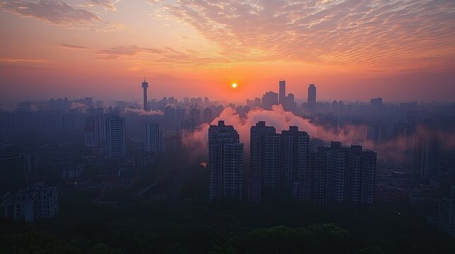 Sunrise over a misty city