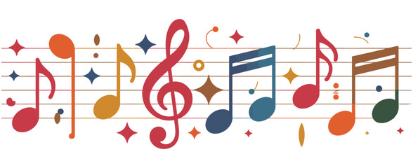 Fototapeta premium Colorful musical notes and treble clefs on staff lines with stars and dots, perfect for abstract, festive, and artistic music-themed designs