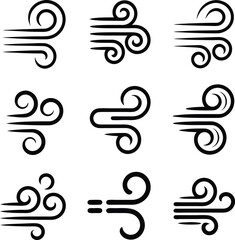 Collection of black and white wind symbols and swirling air flow illustrations for design
