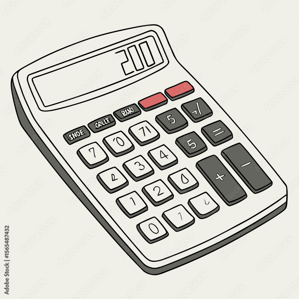 Poster white calculator with red buttons and digital display electronic device