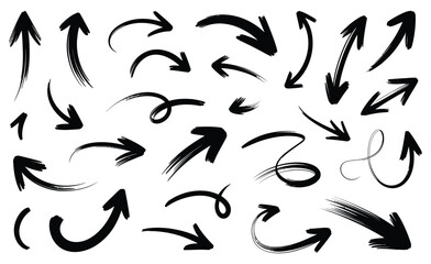 Assorted hand-drawn arrows in diverse sketch styles, directions, and strokes for creative visual cues, navigation, and graphic design